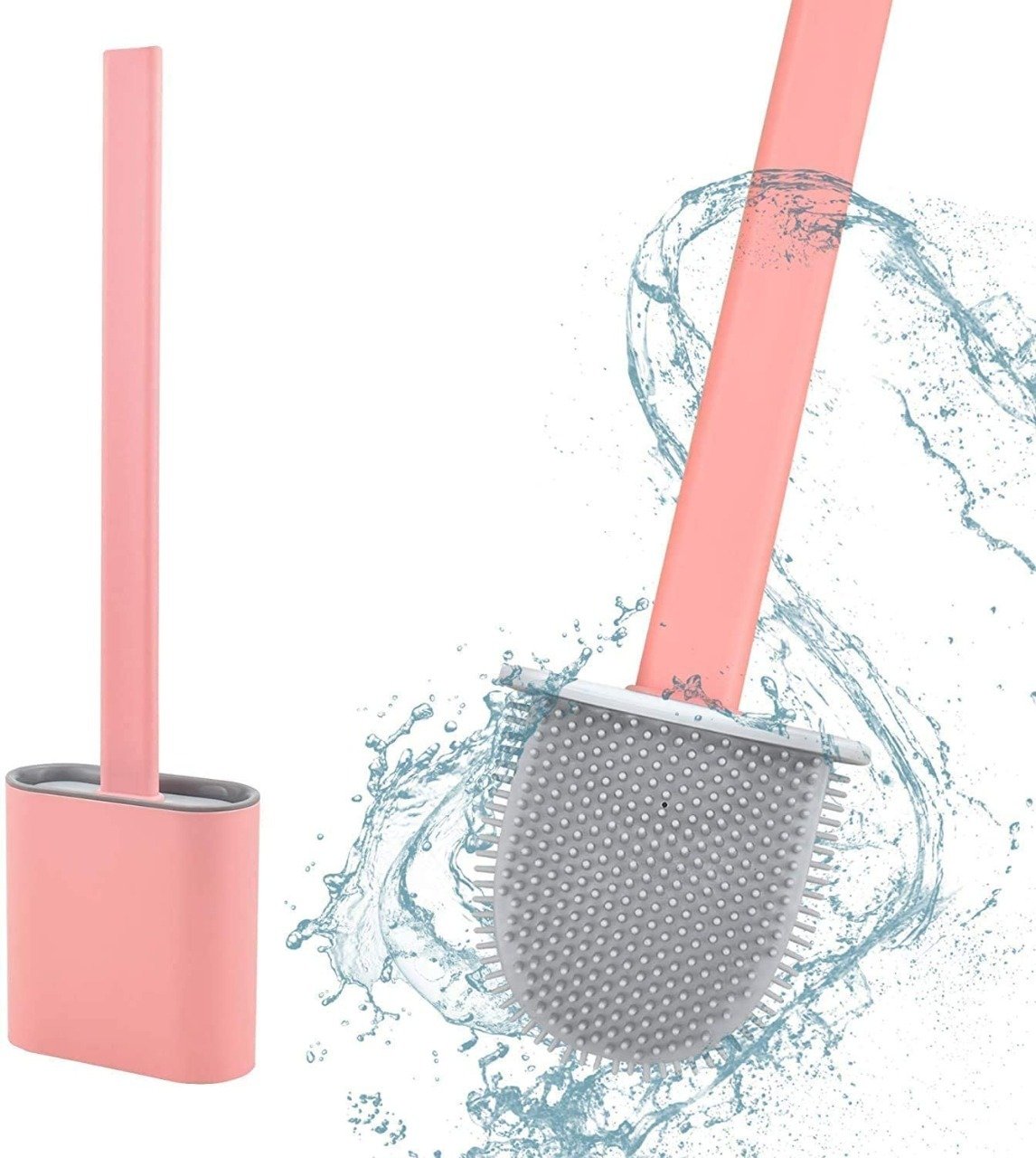silicon toilet brush with slim holder stand flat head with flexible soft bristles