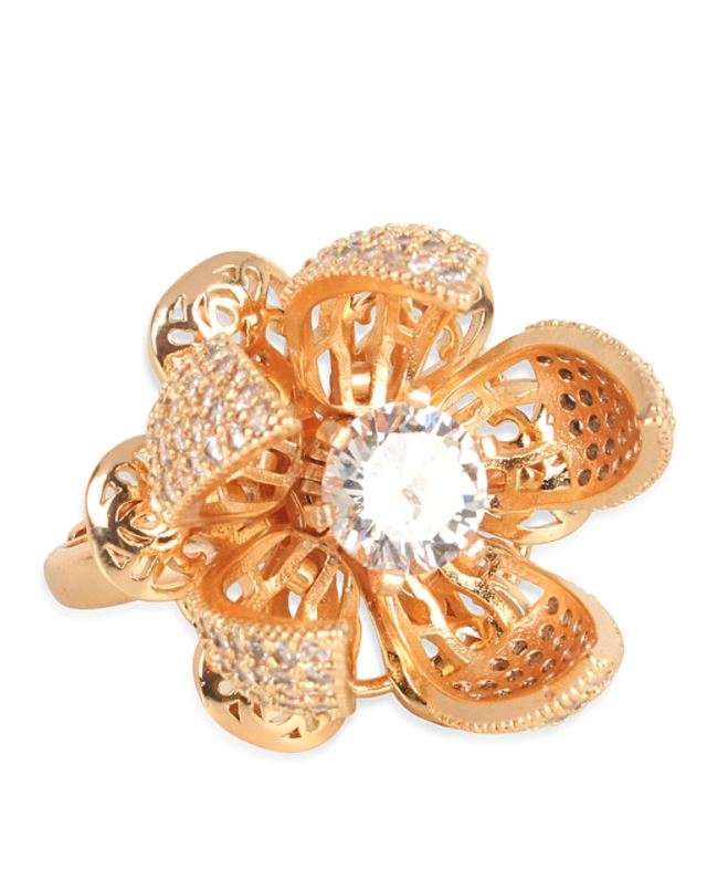 Gold-Plated & White AD-Studded Rotating Adjustable Finger Ring