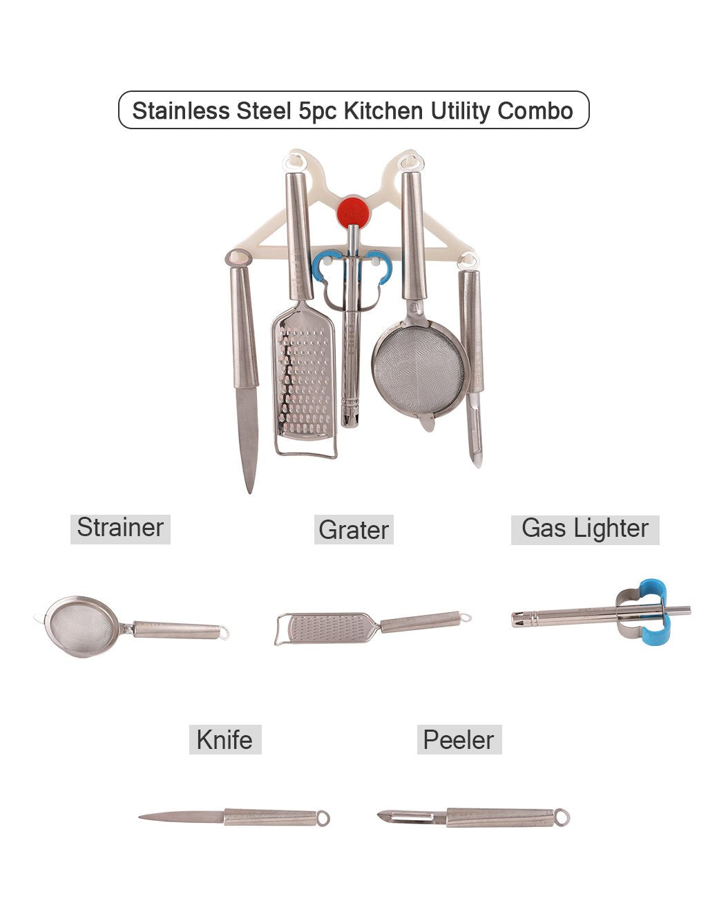 0724 5 in 1 kitchen combo stainless steel grater peeler kitchen lighter knife and strainer