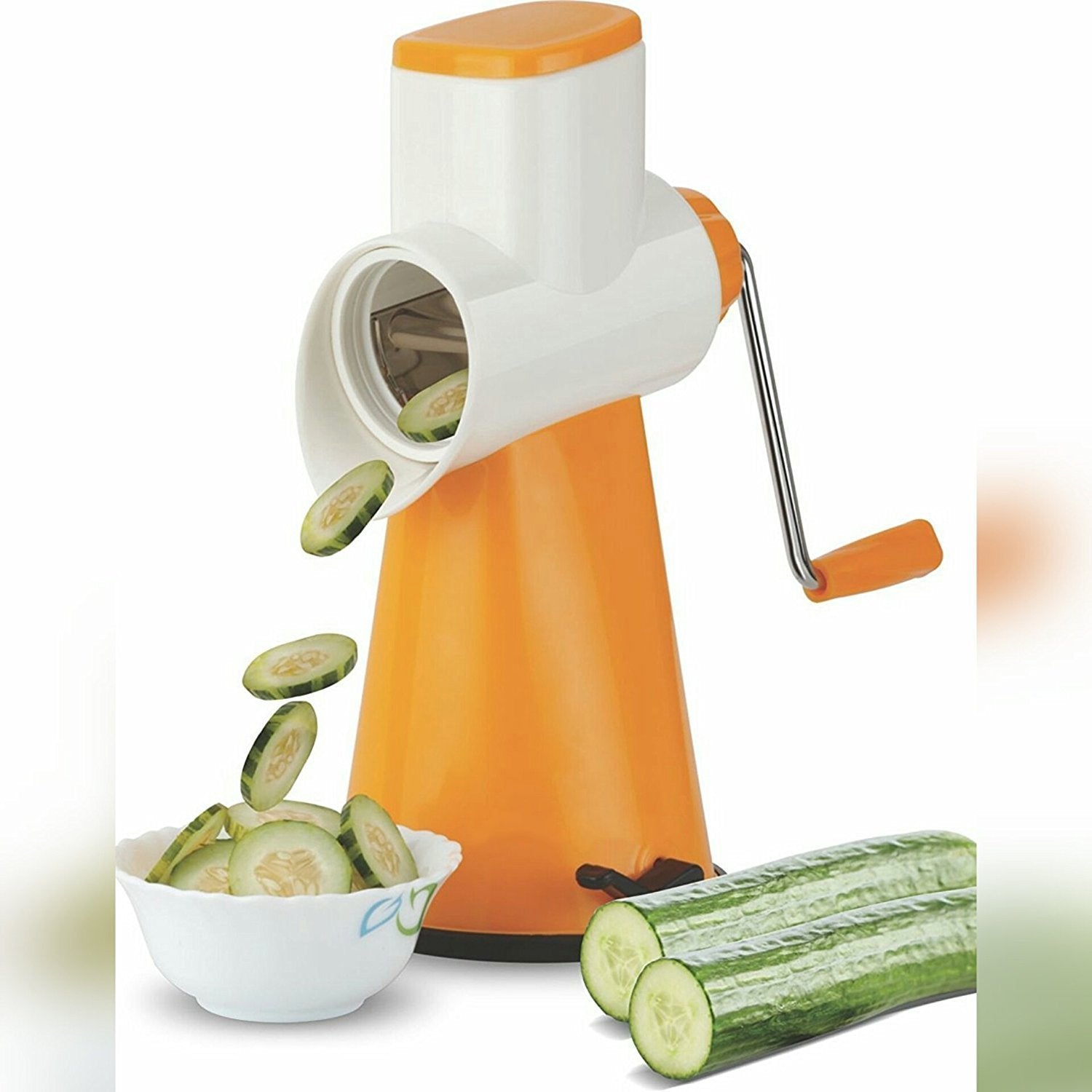 darkpyros 4 in 1 vegetable grater mandoline slicer rotary drum fruit cutter cheese shredder thick and thin slicer and first time in india with 4 attached colorful drum with stainless steel rotary blades1 unit