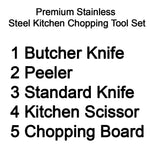 2271 premium stainless steel kitchen chopping tool set butcher knife peeler standard knife and kitchen scissor with chopping board 5 pcs