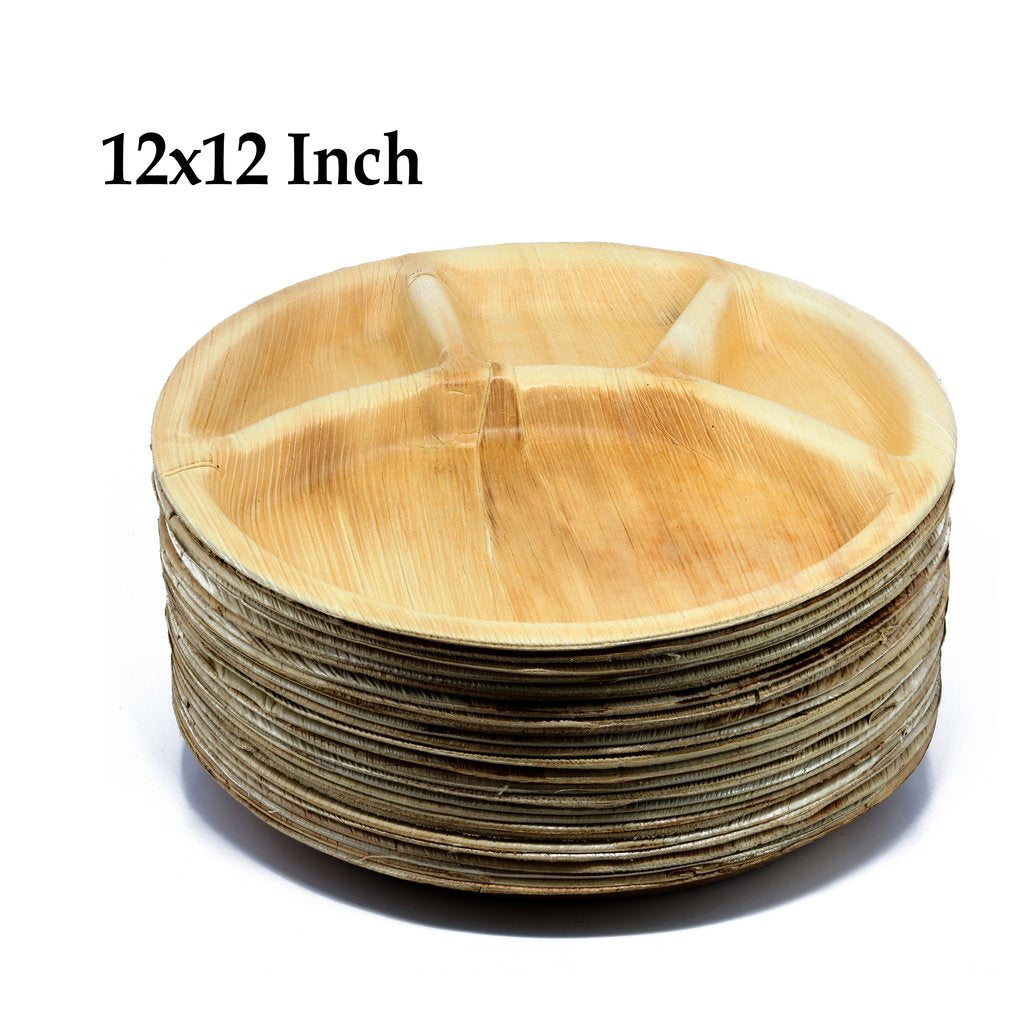 3209 disposable round shape 3 section eco friendly areca palm leaf plate 12x12 inch pack of 25