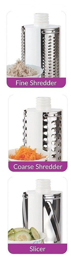 darkpyros 4 in 1 vegetable grater mandoline slicer rotary drum fruit cutter cheese shredder thick and thin slicer and first time in india with 4 attached colorful drum with stainless steel rotary blades1 unit