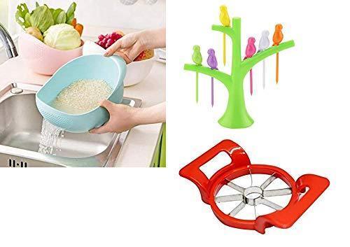 Kitchen Combo - Plastic Rice Bowl Strainer, Bird fork and Apple cutter - Ambitionofcreativity.in - Combo - Your Brand