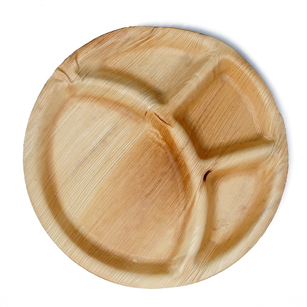 3209 disposable round shape 3 section eco friendly areca palm leaf plate 12x12 inch pack of 25