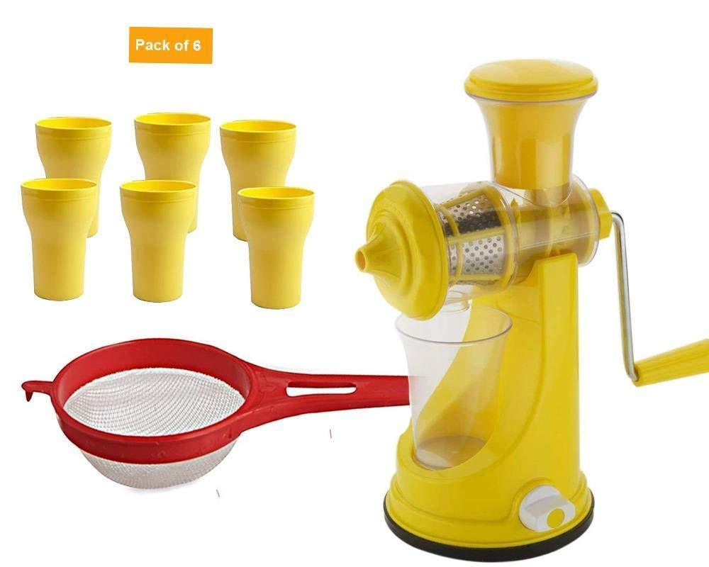 Kitchen combo -Manual Fruit Juicer with Plastic Small Tea Strainer Sieve &  6pcs Plastic Juice Drinking Glasses - Ambitionofcreativity.in - Combo - Your Brand