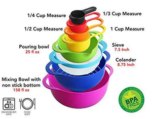 Plastic Bowls, Colander & Measuring Cups & Spoon (Set of 8)