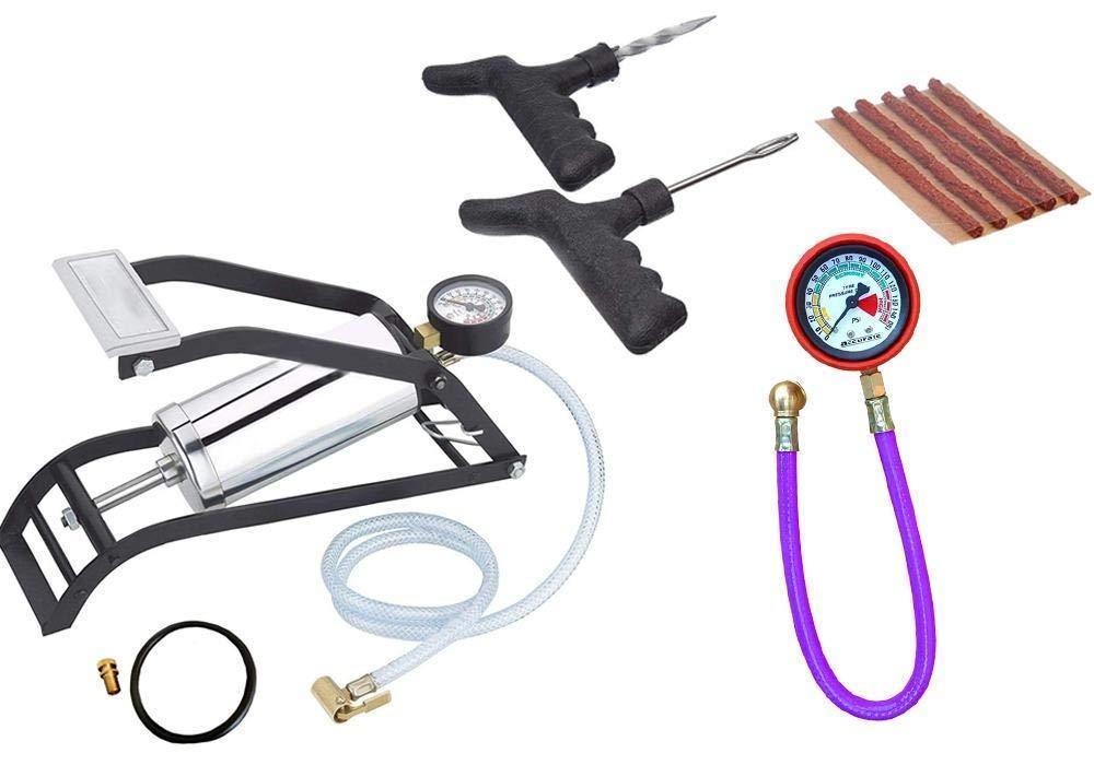 Vehicle Tools - Heavy Steel Body Foot Pump, Tyre Puncture Plug Repair Kit with Tyre Air Pressure Gauge Hose (3pcs) - Ambitionofcreativity.in - Combo - Your Brand