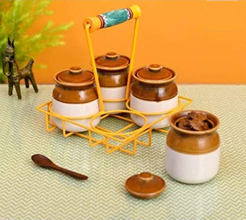 250 ML-Ceramic Handmade Pickle Jar Set with Lid(Pack of 4)