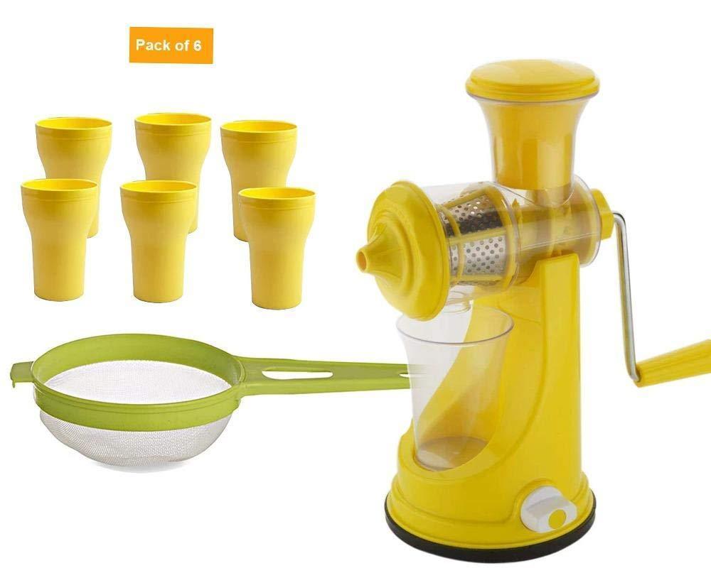 Kitchen combo -Manual Fruit Juicer with Plastic Big Tea Strainer Sieve &  6pcs Plastic Juice Drinking Glasses - Ambitionofcreativity.in - Combo - Your Brand