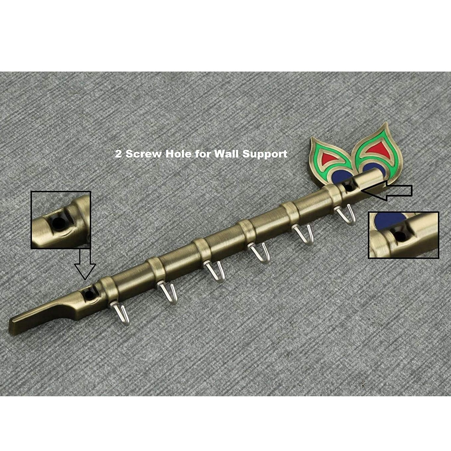 0497 brass flute and peacock key holder wall hanging