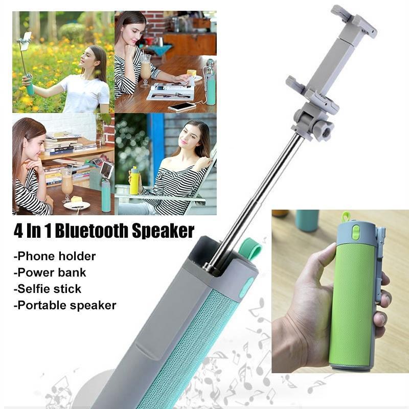 portable 4 in 1 wireless bluetooth speaker with power bank selfie stick phone holder function support handsfree call tf card aux
