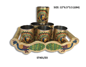 2125 peacock design glass with handle and handicraft serving tray set