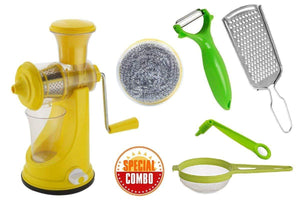 Mix Combo - Manual Fruit Juicer, Vegetables Grater, Vegetable/Fruit Peeler, Vegetables Spiral Cutter/Spiral Knife, Big Tea Strainer Sieve, Kitchen Scrubber (6pcs) - Ambitionofcreativity.in - Combo - Your Brand