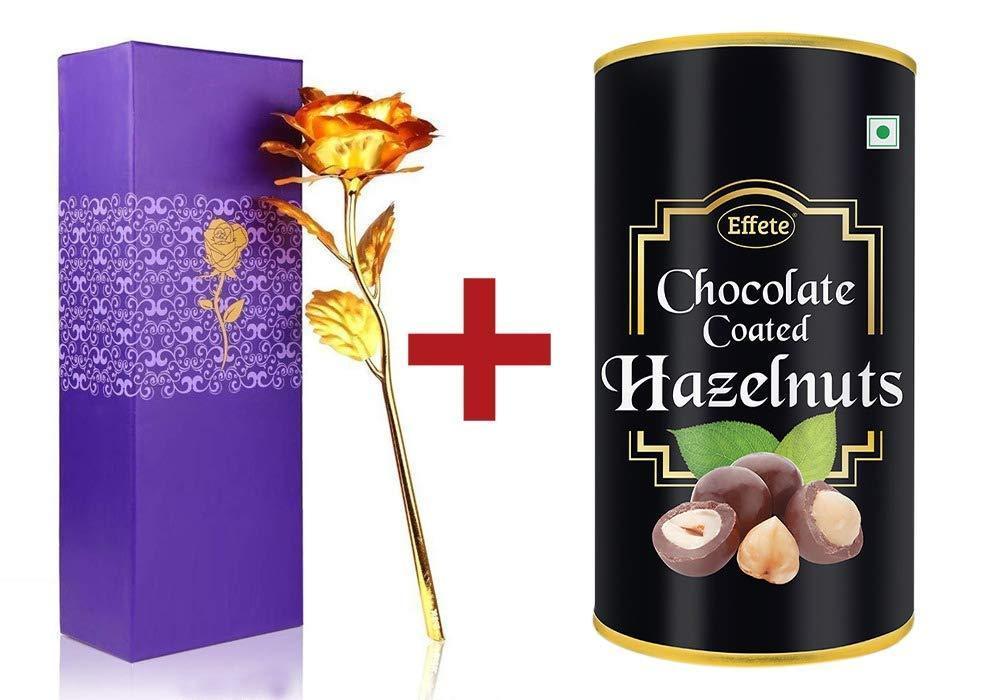 0046+0879 Effete Festival Gift Combo - Chocolate Coated Roasted Hazelnut 96gm with Golden Rose 10 INCHES with Carry Bag