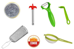 Mix Combo - Kitchen Scrubber, Gas Lighter, Vegetables Grater, Vegetable/Fruit Peeler, Vegetables Spiral Cutter/Spiral Knife and Big Tea Strainer Sieve (6pcs) - Ambitionofcreativity.in - Combo - Your Brand