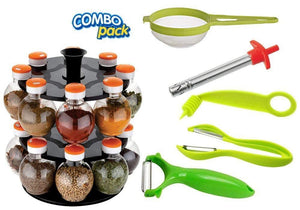 Kitchen combo - Revolving 16pc Plastic Spice Rack, Vegetables Spiral Cutter, Gas Lighter, Big Tea Strainer Sieve/Chai Chalni with Single sided & Double sided peeler (6 pcs) - Ambitionofcreativity.in - Combo - Your Brand