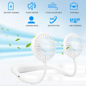 1183 portable rechargeable wearable strong airflow quiet operation hanging neck fan