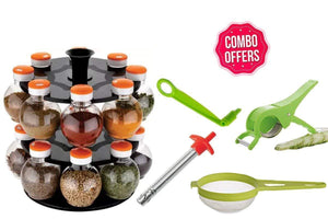 Kitchen combo - Revolving 16pc Plastic Spice Rack, Vegetables Spiral Cutter, Gas Lighter, Big Tea Strainer Sieve/Chai Chalni with Vegetables Cutter/ Slicer / Peeler (5 pcs) - Ambitionofcreativity.in - Combo - Your Brand