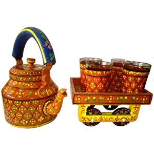 Handpainted Tea Cart Set 1 Kettle With 4 Glass 1 Thela Cart