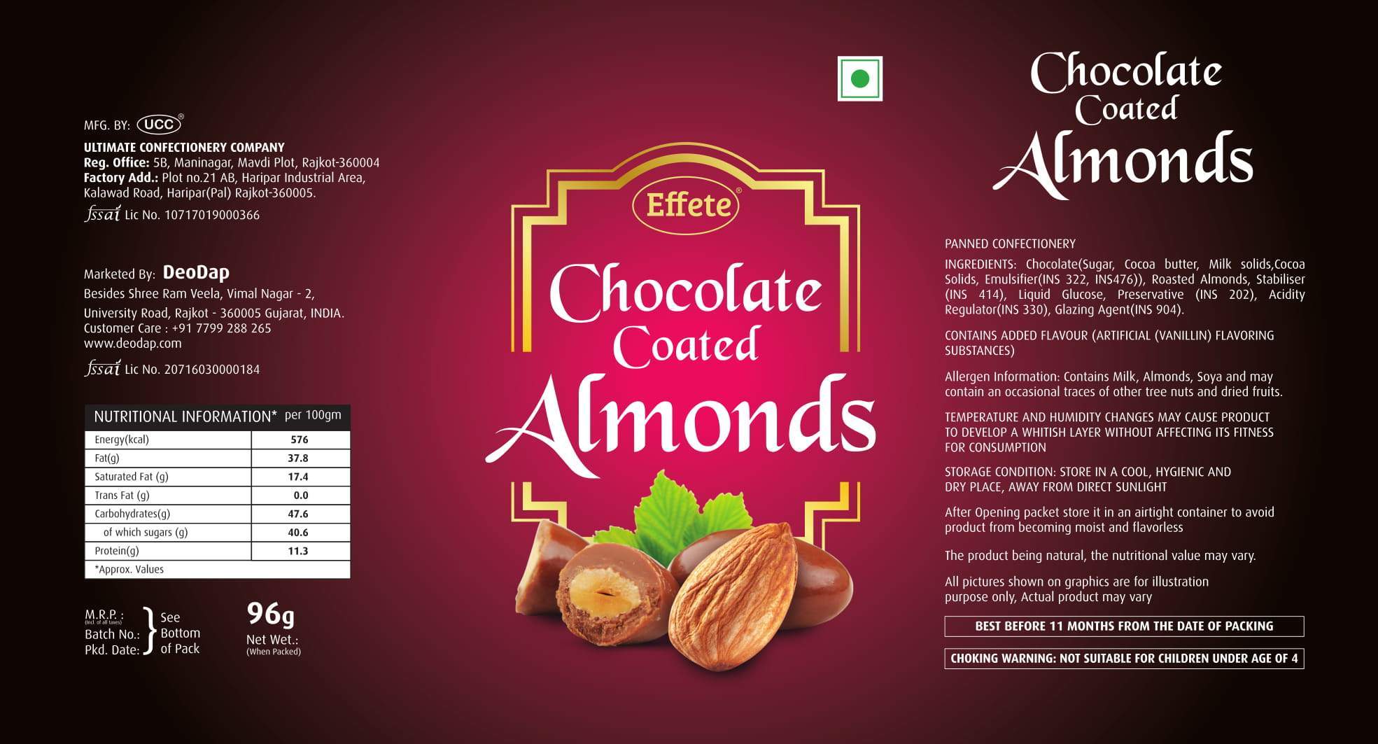 chocolate coated roasted almonds chocolate 96 grams