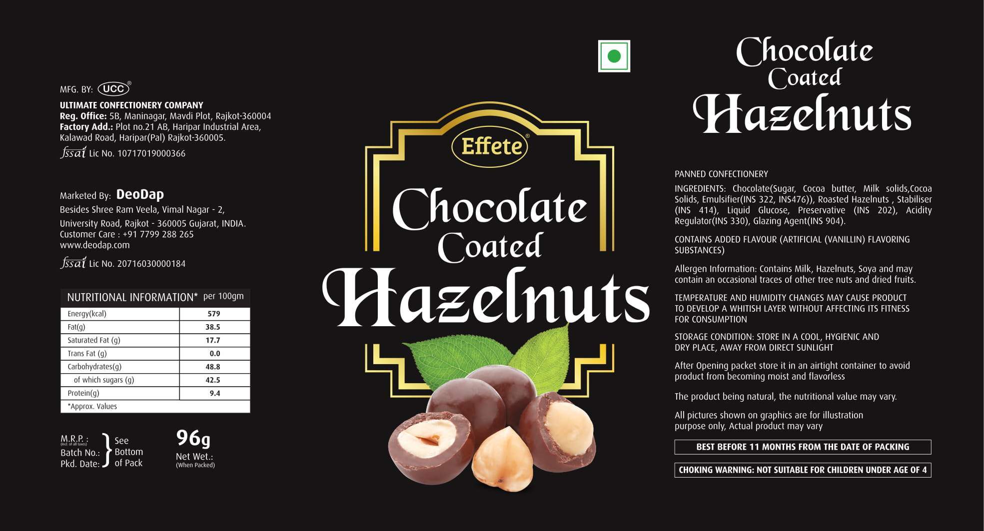 chocolate coated roasted hazelnuts chocolate 96 grams