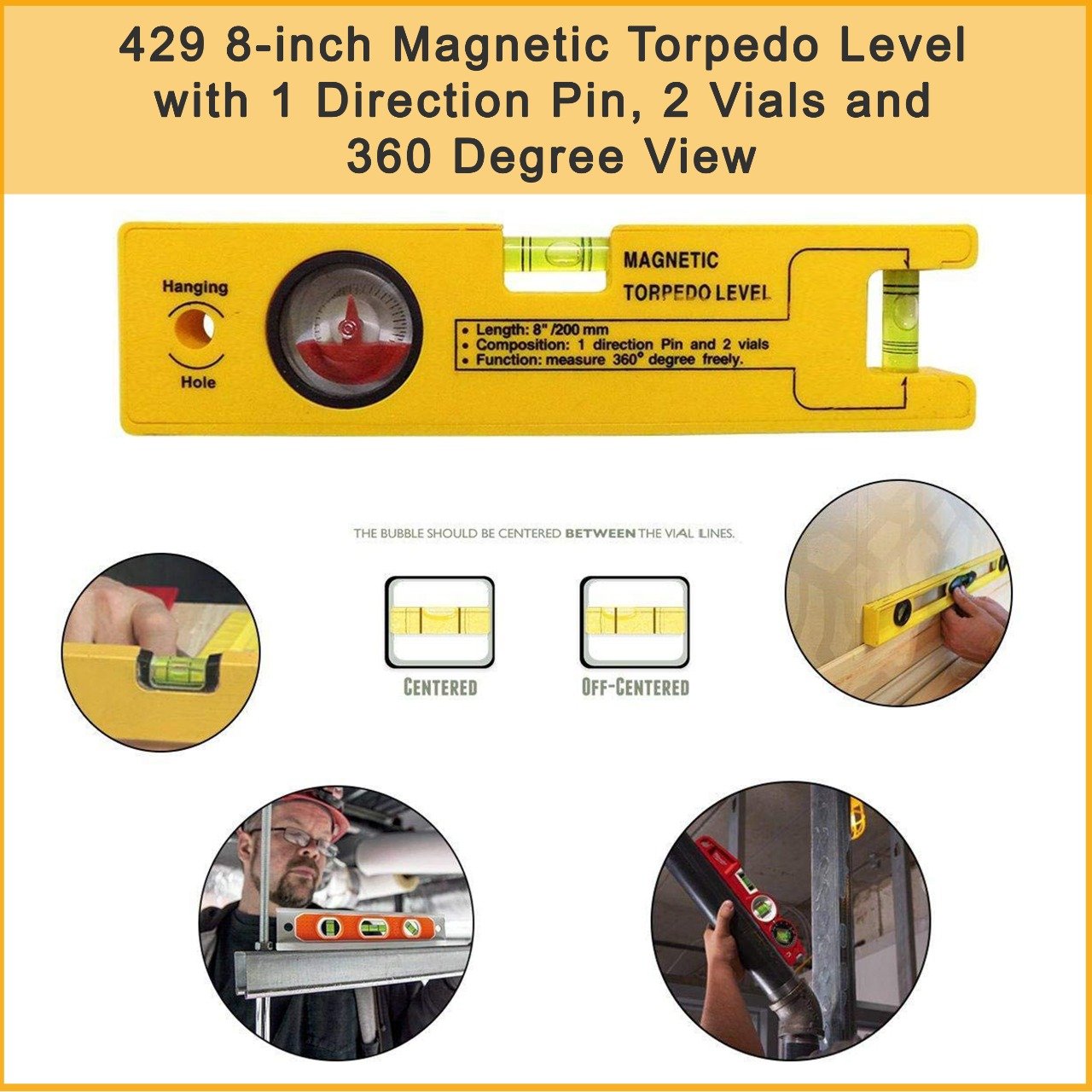 8 inch magnetic torpedo level with 1 direction pin 2 vials and 360 degree view