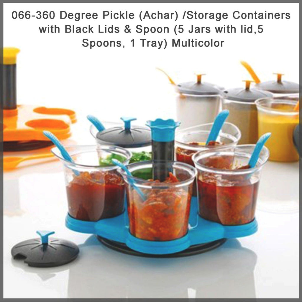 0066 -360 Degree Pickle (Achar) / Storage Containers with Black Lids and Spoon (5 Jars with lid, 5 Spoons, 1 Tray) Multicolor