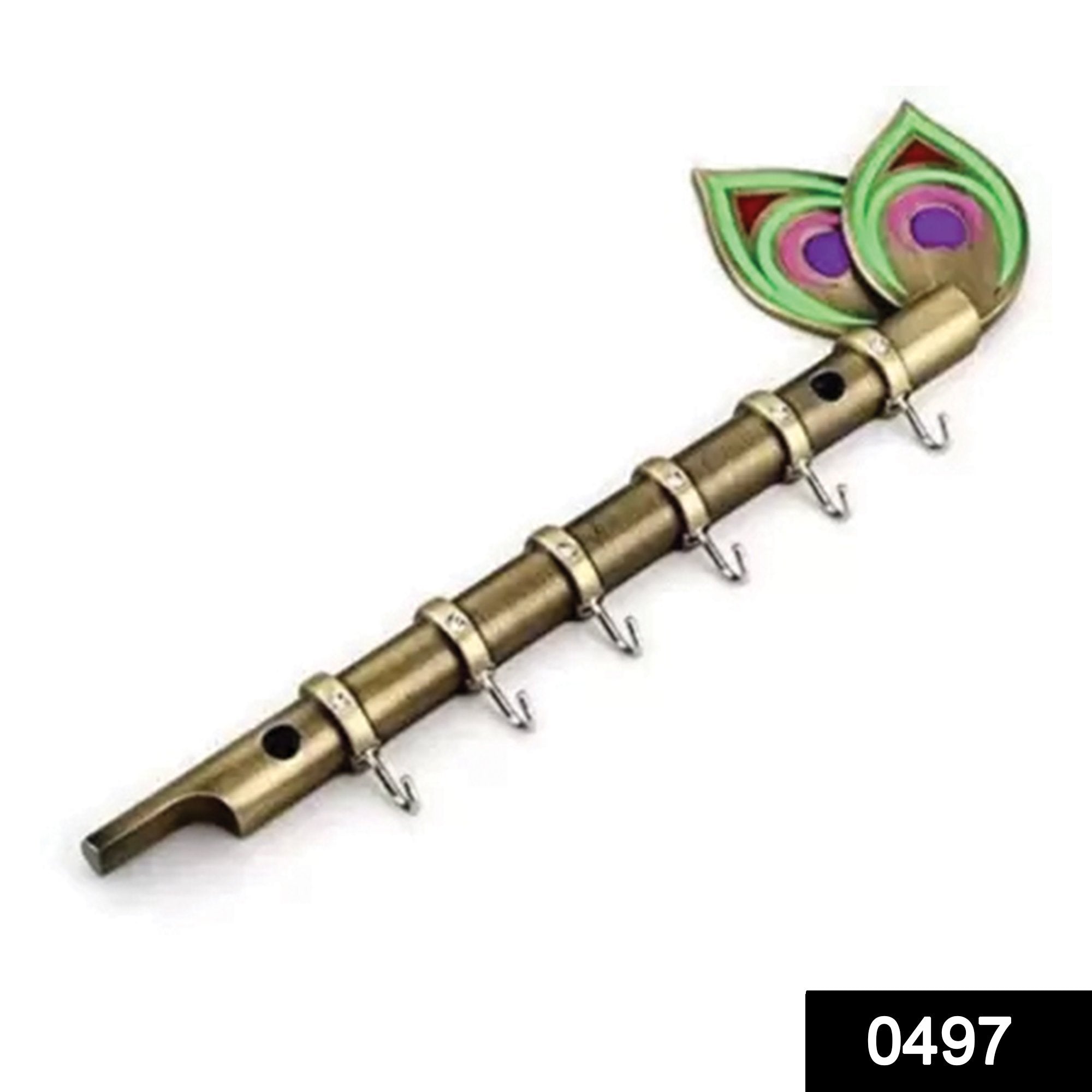 0497 brass flute and peacock key holder wall hanging