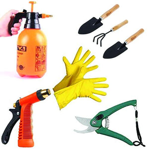 Gardening Tools - Water Lever Spray Gun | Cultivator, Small Trowel, Garden Fork | Pressure Garden Spray Bottle | Flower Cutter | Yellow Gloves