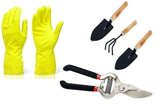 Ambitionofcreativity.in Gardening Tools - Reusable Rubber Gloves, Flower Cutter & Garden Tool Wooden Handle (3pcs-Hand Cultivator, Small Trowel, Garden Fork)