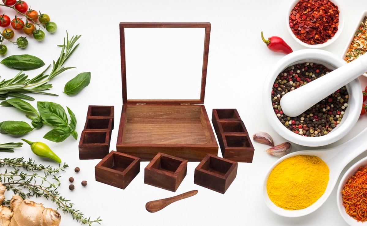 Wooden Table Top Masala Dabba Box Containers Jars Cum Kitchen Spice Box